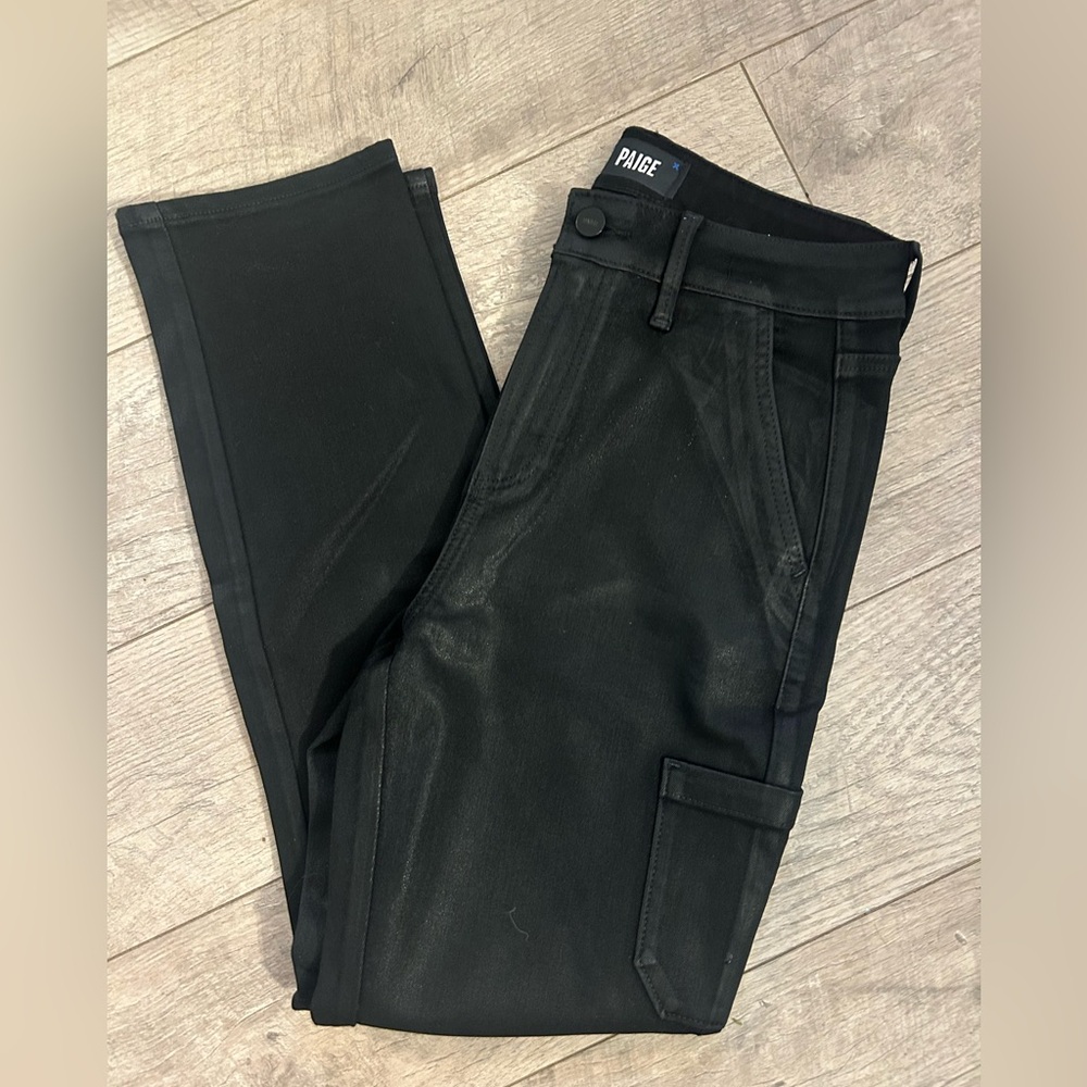 PAIGE Black Coated Cargo Skinny Pants with Pocket Detail